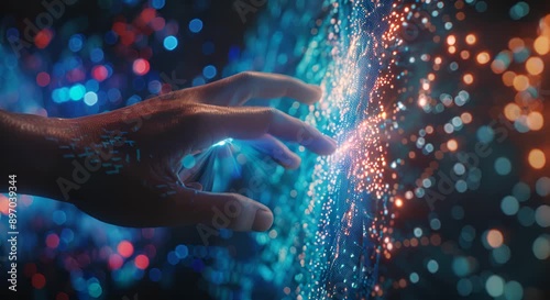 A hand is reaching out to touch a glowing, colorful, and abstract background. Concept of wonder and curiosity, as if the hand is trying to grasp something beyond its reach