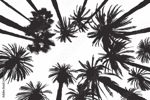 Detailed palm and coconut tree silhouette worms eye view illustration