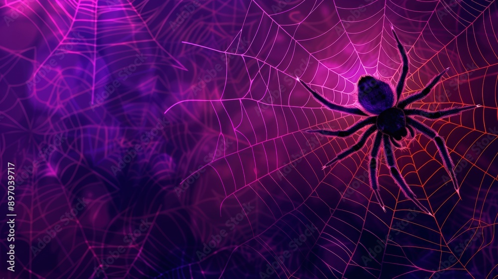 A captivating spider in a vibrant web, set against a mystical purple background, evoking intrigue and artistry. A captivating spider in a vibrant web, set against a mystical purple background, evoking intrigue and artistry.