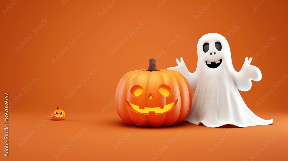 A cheerful ghost with a mischievous grin stands next to a carved pumpkin against an orange backdrop, perfect for Halloween themes. A cheerful ghost with a mischievous grin stands next to a carved pumpkin against an orange backdrop, perfect for Halloween themes.