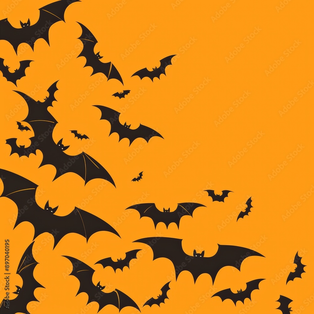 A spooky collection of black bats flying against an orange background, perfect for Halloween-themed designs and decorations. A spooky collection of black bats flying against an orange background, perfect for Halloween-themed designs and decorations.