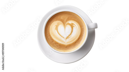 Top down view of a glass of latte coffee, isolated on white background.