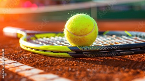 Close up image of a tennis ball and racket on a tennis court