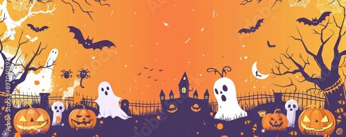 Happy Halloween day element background vector. Cute collection of spooky ghost, halloween festival elements © Pemika