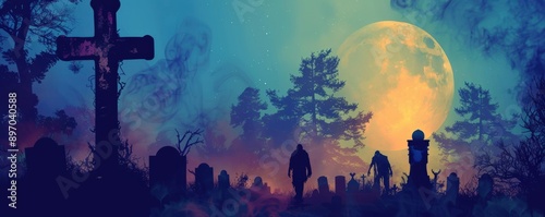 Eerie graveyard scene under a full moon, silhouettes of trees and tombstones create a haunting atmosphere.