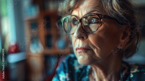 A woman wearing glasses looks thoughtfully into the distance, possibly lost in thought