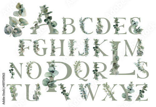 A stylized alphabet design with each letter decorated with hand-painted watercolor green eucalyptus leaves.