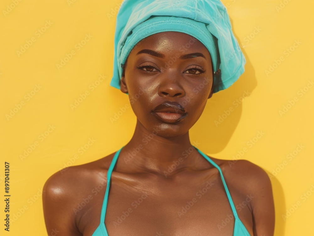 A woman wearing a towel as a makeshift headscarf, possibly after bathing or showering A woman wearing a towel as a makeshift headscarf, possibly after bathing or showering