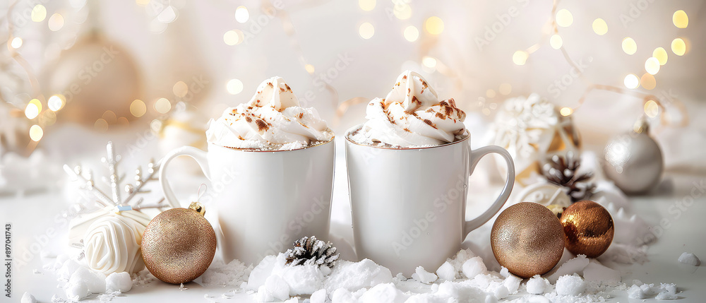 Ceramic white cup or mug with hot chocolate, coffee, tea with decorations on christmas background. Happy new year or Christmas mockup. Cozy wintertime leisure. Generative ai Ceramic white cup or mug with hot chocolate, coffee, tea with decorations on christmas background. Happy new year or Christmas mockup. Cozy wintertime leisure. Generative ai