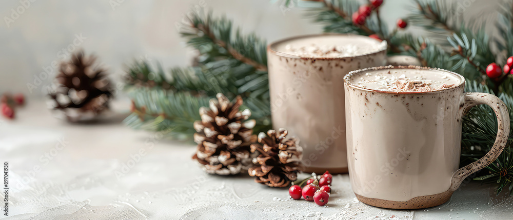 Cute cup or mug with hot chocolate, coffee, tea with decorations on christmas background. Happy new year or Christmas mockup. Cozy wintertime leisure. Generative ai Cute cup or mug with hot chocolate, coffee, tea with decorations on christmas background. Happy new year or Christmas mockup. Cozy wintertime leisure. Generative ai
