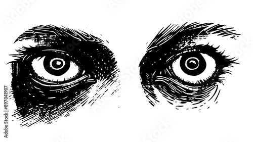 Man eyes, linocut, vector black logo on transparent background