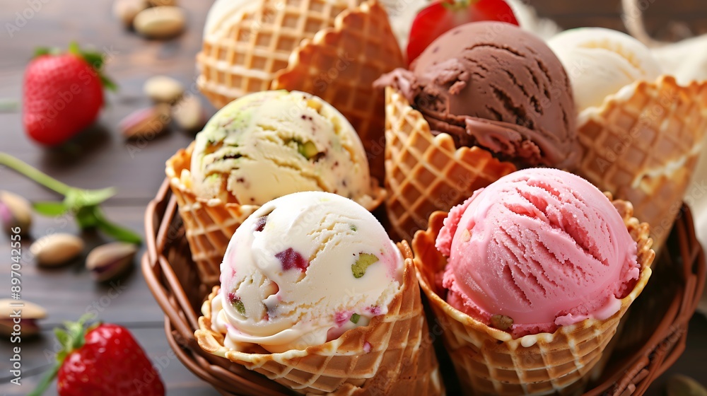 Various ice cream in waffle cones strawberry pistachio and vanilla ice cream in basket Various ice cream in waffle cones strawberry pistachio and vanilla ice cream in basket