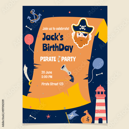 Pirate cartoon  birthday party invitation with pirate elements