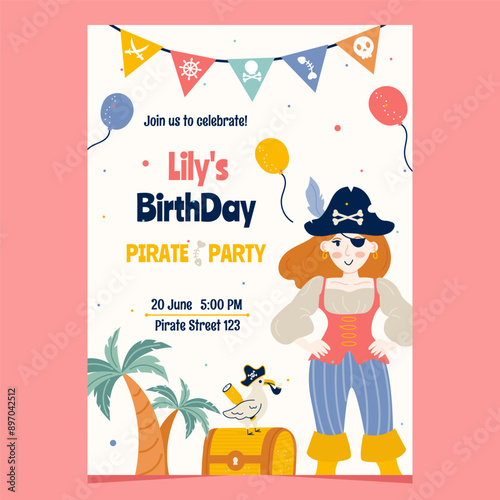 Pirate cartoon  birthday party invitation with female pirate