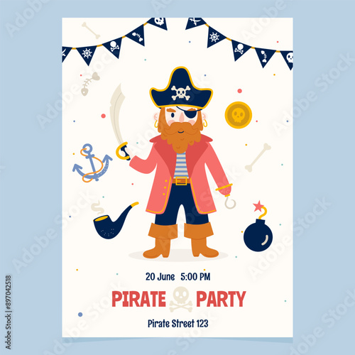 Pirate cartoon birthday party invitation with pirate