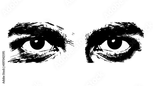 Man eyes, linocut, vector black logo on transparent background