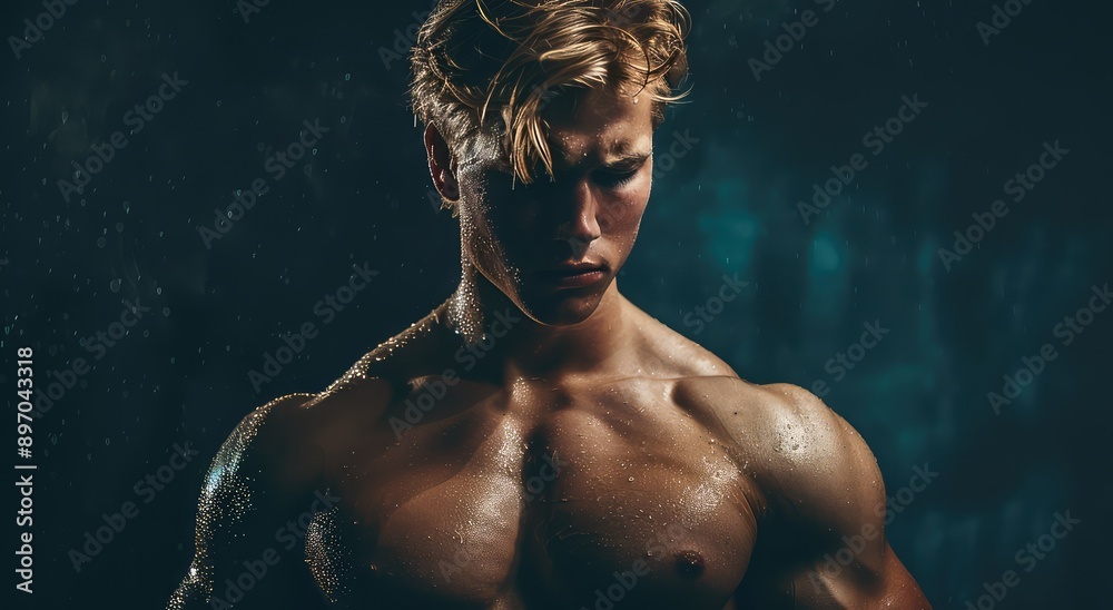 Handsome guy fitness model posing holding dumbbells in his hands.