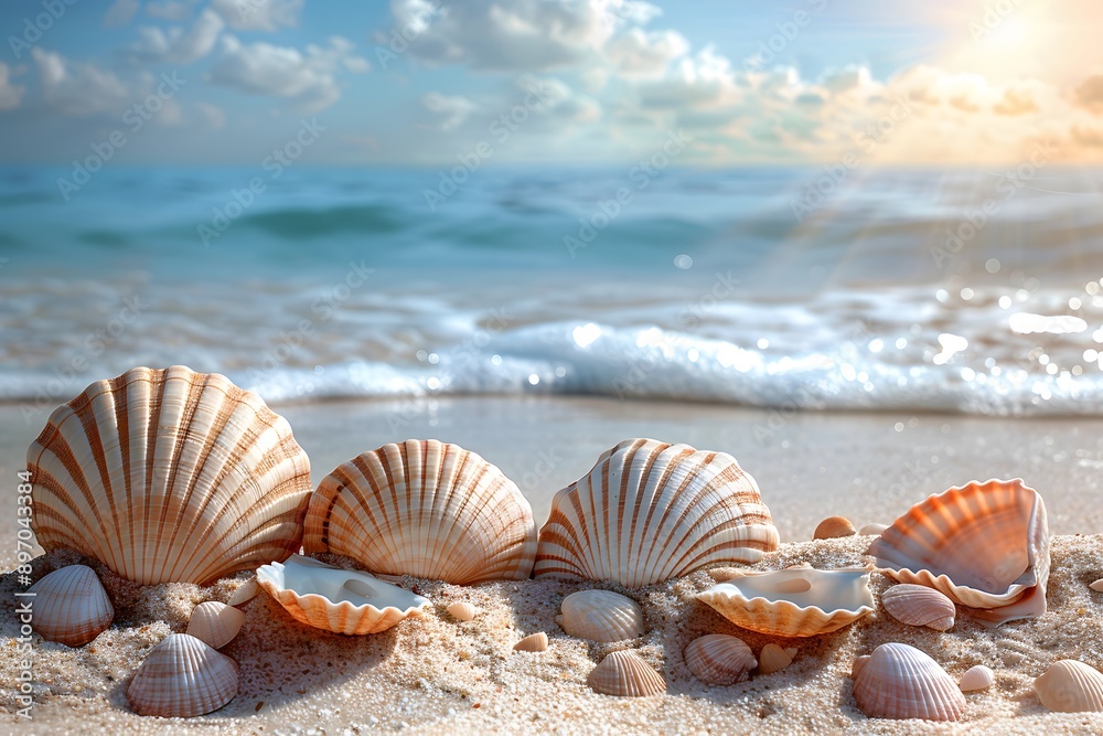 Seaside Serenity: Beautiful Seashell Arrangement on Sandy Beach at Sunrise Perfect for Summer Vacation Posters and Wall Art Seaside Serenity: Beautiful Seashell Arrangement on Sandy Beach at Sunrise Perfect for Summer Vacation Posters and Wall Art