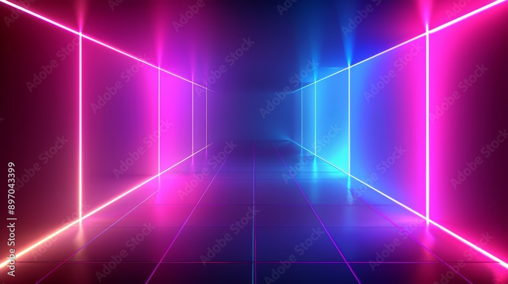Step into a futuristic hallway illuminated by blue and purple neon lights, setting a lively ambiance. The space is filled with modern design elements and sleek textures, evoking a sci fi feel Step into a futuristic hallway illuminated by blue and purple neon lights, setting a lively ambiance. The space is filled with modern design elements and sleek textures, evoking a sci fi feel