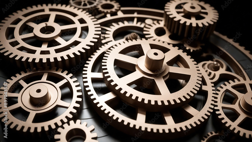 Clockwork mechanism with gears and cogs side view Clockwork mechanism with gears and cogs side view