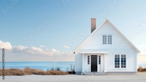 A coastal house with white clapboard siding, black door, and a serene beach backdrop, offering a peaceful retreat. © NaphakStudio