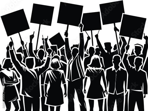 A group of people are protesting with placard silhouette