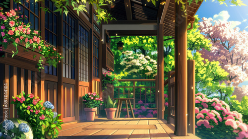 Tranquil wooden porch adorned with vibrant flowers, overlooking a lush garden filled with blooming trees and foliage © M