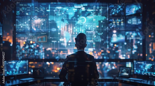 Wallpaper Mural A business manager conducting a virtual meeting, with team members appearing on a large screen, illustrating remote management and communication in the digital age. Torontodigital.ca