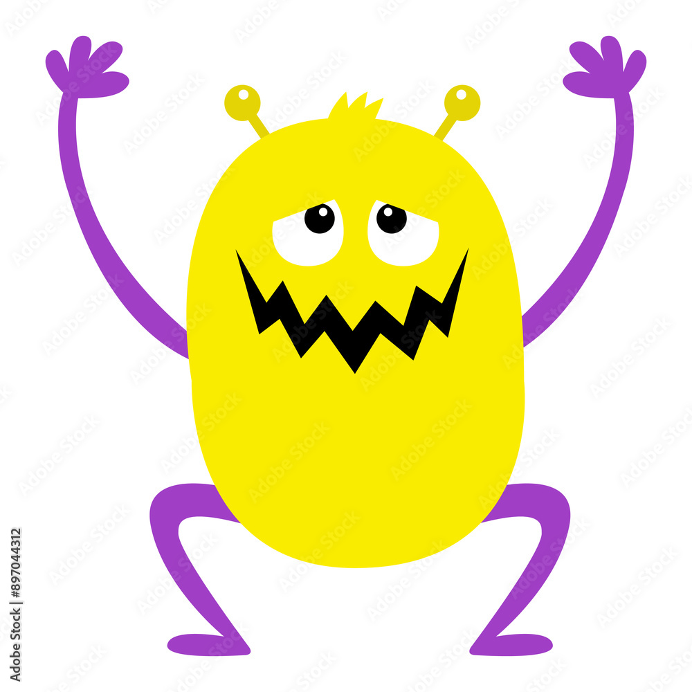 Monster holding hands up. Yellow silhouette icon. Eyes, horns, mouth. Happy Halloween. Cute cartoon kawaii smiling funny baby character. Childish style. Flat design. White background. Isolated. Vector Monster holding hands up. Yellow silhouette icon. Eyes, horns, mouth. Happy Halloween. Cute cartoon kawaii smiling funny baby character. Childish style. Flat design. White background. Isolated. Vector