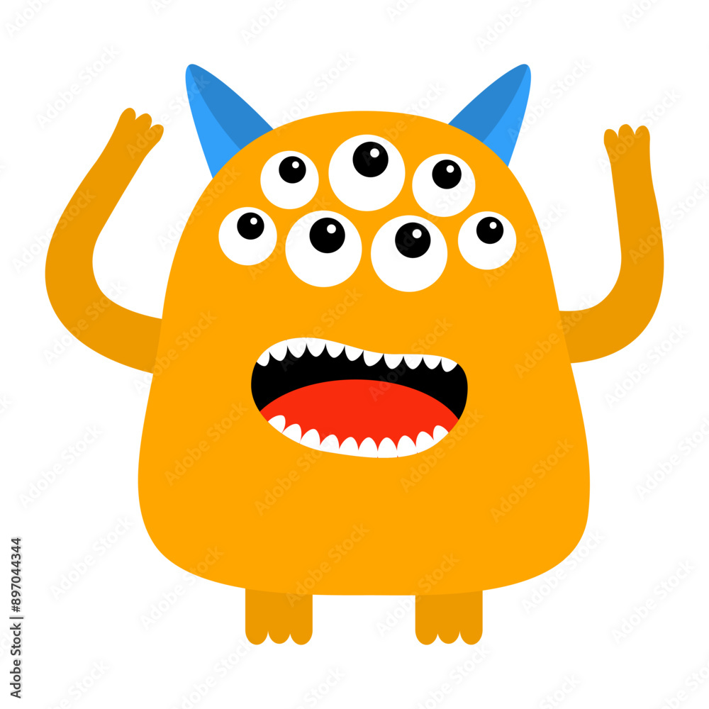 Happy Halloween. Monster with many eyes, ears, tongue, fang teeth. Orange silhouette icon. Cute cartoon kawaii smiling funny baby character. Childish style. Flat design. White background. Vector Happy Halloween. Monster with many eyes, ears, tongue, fang teeth. Orange silhouette icon. Cute cartoon kawaii smiling funny baby character. Childish style. Flat design. White background. Vector