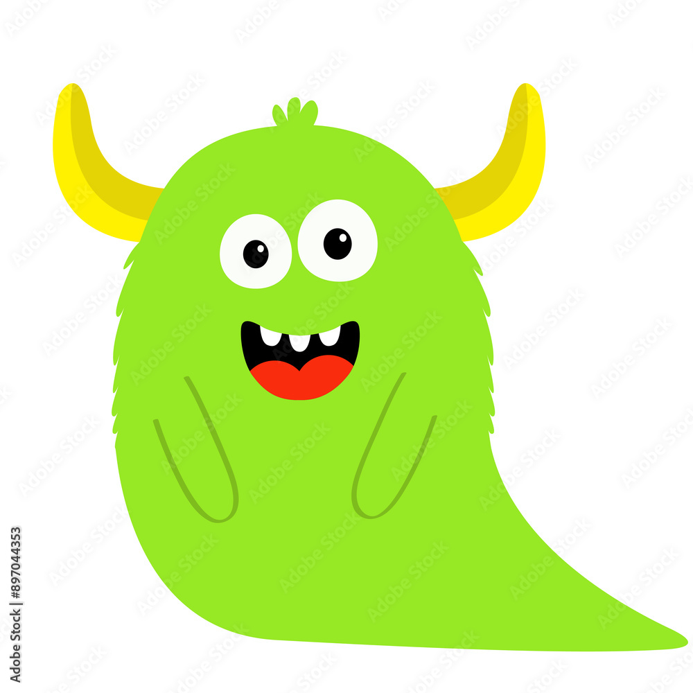 Fototapeta premium Happy Halloween. Monster monster crawling. Eyes, horns, tongue, fang teeth. Green silhouette icon. Cute cartoon kawaii smiling funny baby character. Childish style. Flat design White background Vector