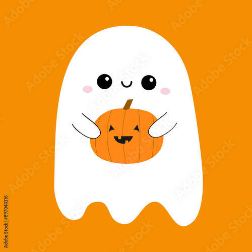 Ghost spirit holding pumpkin. Funny creepy smiling face. Eyes, teeth. Happy Halloween. Cute cartoon kawaii baby character. Greeting card. Sticker print. Flat design. Orange background Isolated. Vector
