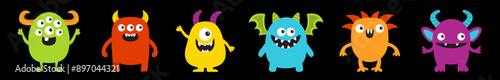 Happy Halloween. Cute monster icon set line. Kawaii cartoon funny character. Horns, wings, fang teeth, eyes. Colorful silhouette. Sticker print. Flat design. Childish style. Black background. Vector