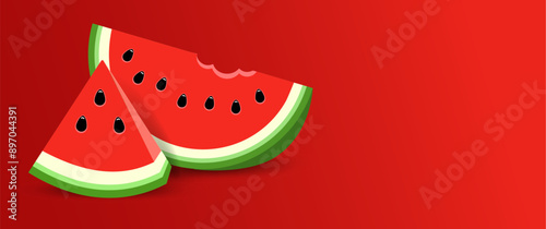 Half a watermelon and juicy slices with seeds, isolated on a red background. Realistic illustration of triangular watermelon slices. Vector piece watermelon.