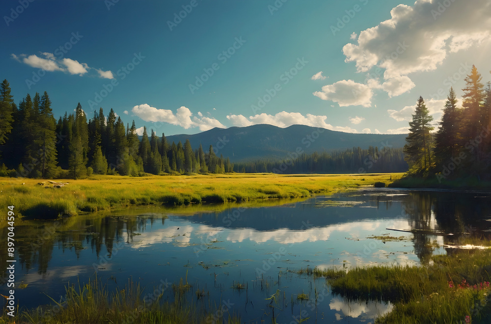 Serene Mountain Lake Surrounded by Wildflower Meadow. Serene Mountain Lake Surrounded by Wildflower Meadow.