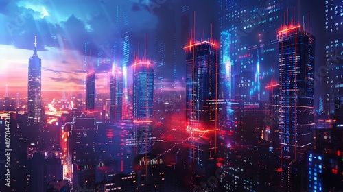 A detailed illustration of a futuristic cityscape with skyscrapers, flying cars, and bustling business activity, representing a vision of business success and innovation.