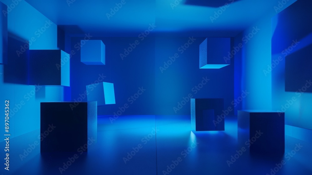 Abstract Floating Blue Cubes in Minimalist Geometric Background Abstract Floating Blue Cubes in Minimalist Geometric Background