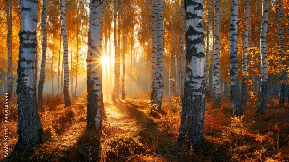 Fototapeta premium Sunlight Through Autumn Birch Forest