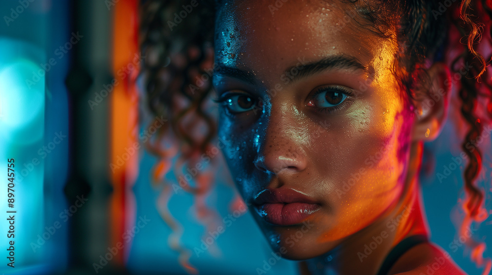 close-up portrait of a young female weightlifter with curly hair and freckles in a colorful gym setting with a focused expression close-up portrait of a young female weightlifter with curly hair and freckles in a colorful gym setting with a focused expression