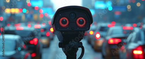 A modern security cam in a busy city street. photo