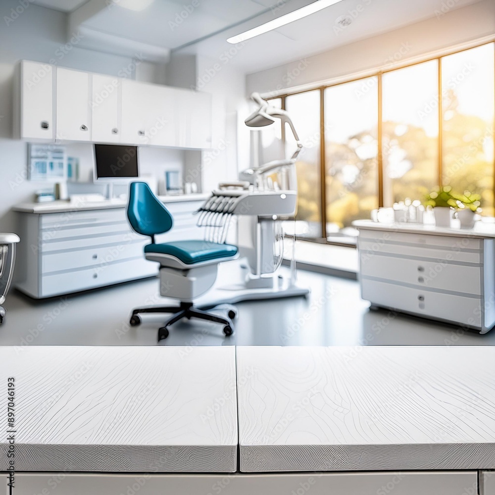 Empty white table with blurred dentist office background. Copy space for display of product. Empty white table with blurred dentist office background. Copy space for display of product.