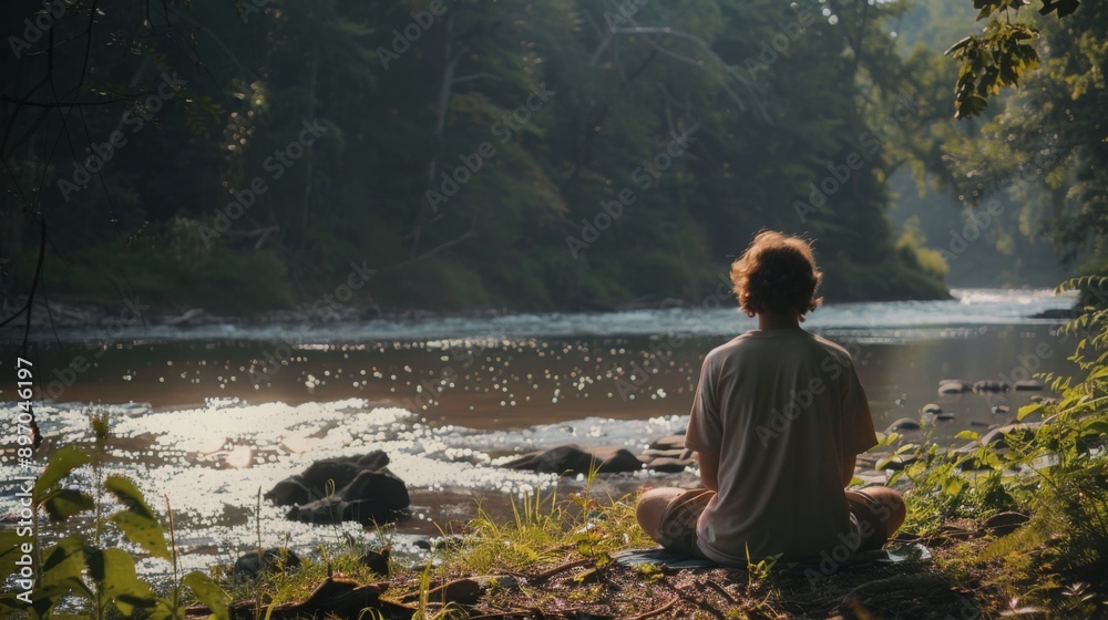 A person sits cross-legged on the bank of a river in a lush, green forest. They have their back to the camera, looking out at the water. The scene is peaceful and serene. A person sits cross-legged on the bank of a river in a lush, green forest. They have their back to the camera, looking out at the water. The scene is peaceful and serene.