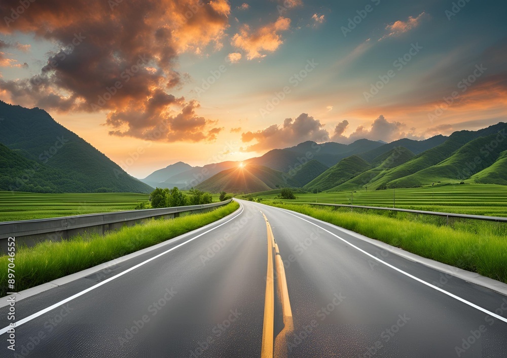 Asphalt highway and green mountains under a sky filled with clouds at sunset. Asphalt highway and green mountains under a sky filled with clouds at sunset.