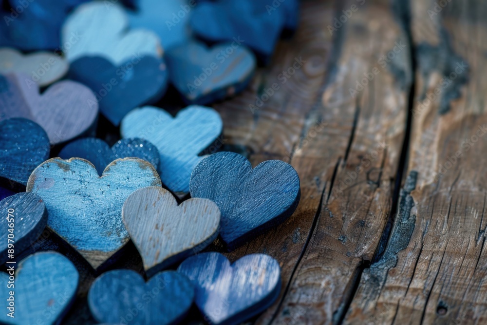 Obraz premium Blue Hearts. Heartfelt Greeting Card with Copy Space on Wooden Background