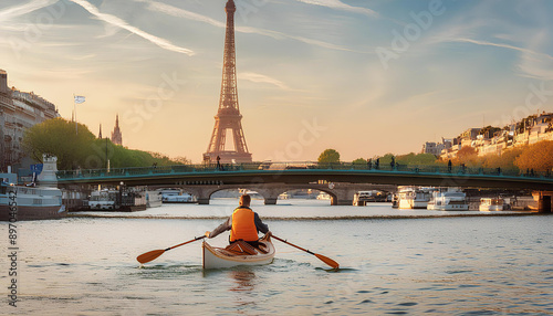 Rower on the Seine River with Eiffel Tower in background photo