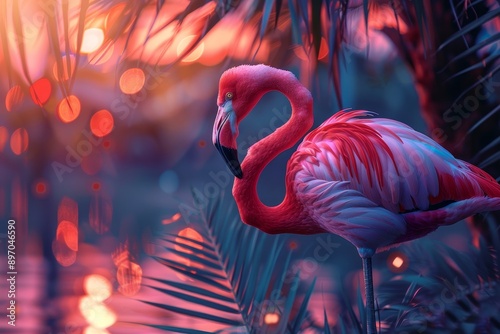 A colorful flamingo and palm trees, perty- showtime, summer paradise, in retro style. Bright neon colors. Generative AI photo