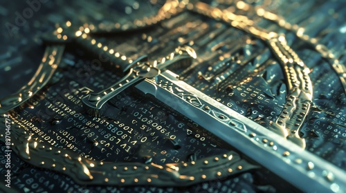 A shield and sword embossed with code, defending against cyber threats