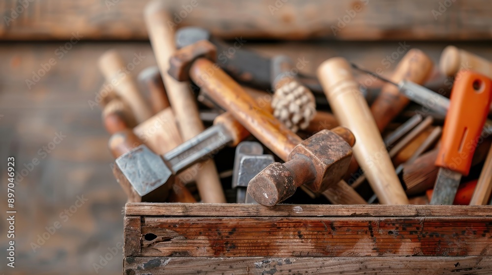 A close-up of a roofer's toolbox filled with tools. A close-up of a roofer's toolbox filled with tools.
