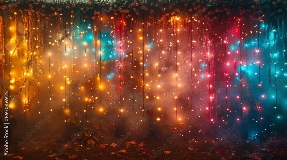 Obraz premium Colorful String Lights Hanging in a Foggy Forest