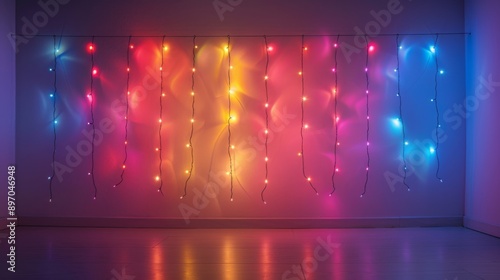 Colorful String Lights Illuminating a Corner Room with Wooden Floor